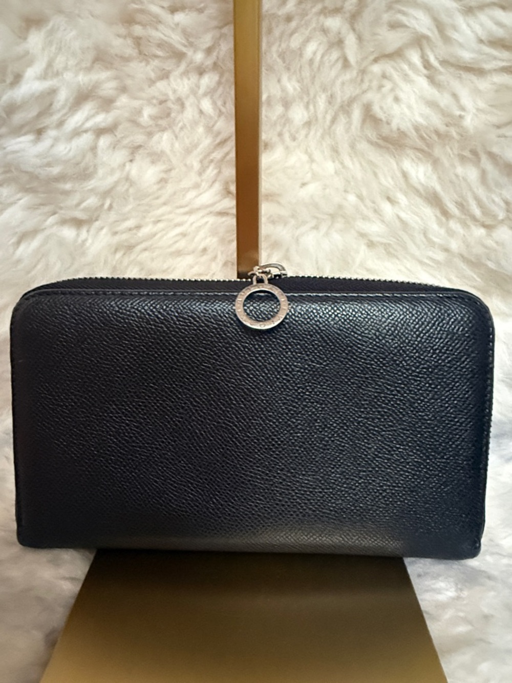 Bulgari Black Leather Zip Wallet with Silver Ring Pull